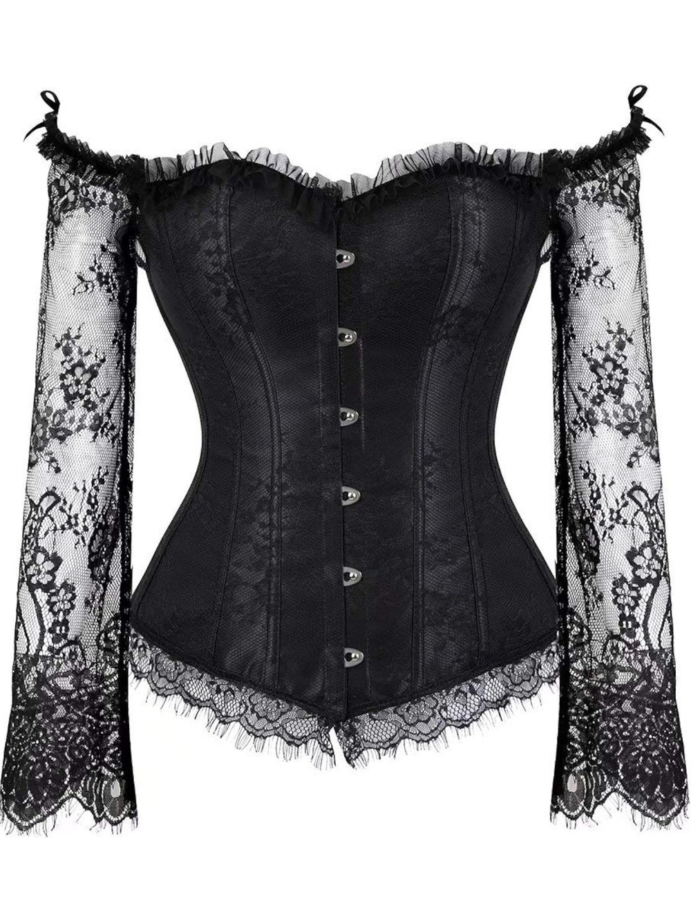 Off-Shoulder Lace Corset Top with Sheer Long Sleeves - Black